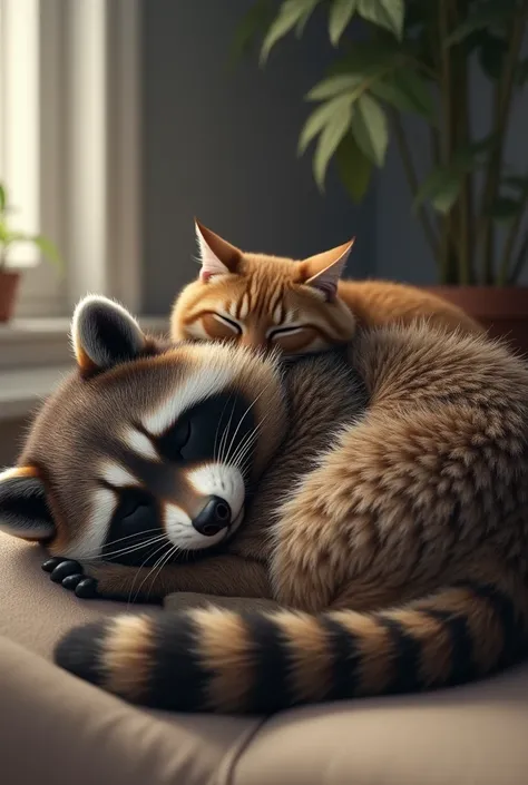 Realistic image of a raccoon sleeping and a cat sleeping on top of it