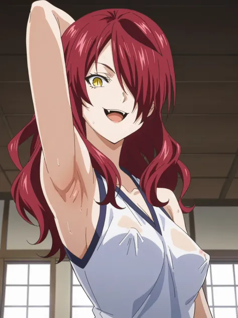 score_9, score_8_up, score_7_up, source_anime, anime screencap, 1girl, solo, kobayashi rindou, long hair, red hair, wavy hair, yellow eyes, hair over one eye, slit pupils, sleeveless, bare shoulders, arm behind head, armpit, looking at viewer, head towards...