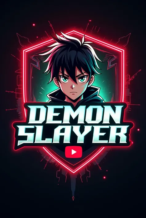 This is a gaming logo that features the name "  demon slayer" in a futuristic font and a neon red and green color. and boy Anime avtar, The logo also has a stylized controller icon and a YouTube play button in the background. The logo is designed to be att...