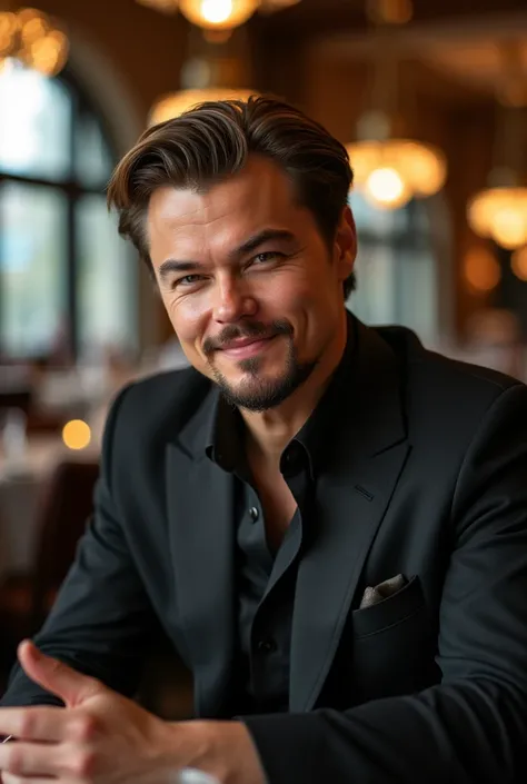 High,  handsome man ,  Asian-looking , 30 percent like Leonardo DiCaprio ,  athletic build , dark blond hair,  dressed in an expensive suit and shirt sitting in an expensive restaurant and looking at the camera with a slight smile. Realistic quality photo ...