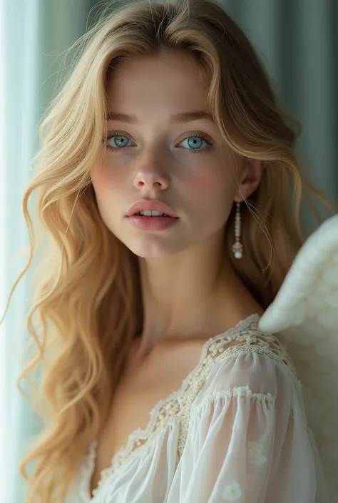  Girl with long curly golden hair, beautiful blue eyes , angel face,  white skin , Real girl
