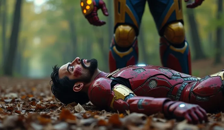 "Create a hyper-realistic, cinematic scene with Iron Man lying defeated on the forest ground. His faceplate is cracked, revealing Tony Stark’s bruised and exhausted face, with signs of pain and exhaustion. His eyes are half-closed, showing his vulnerabilit...