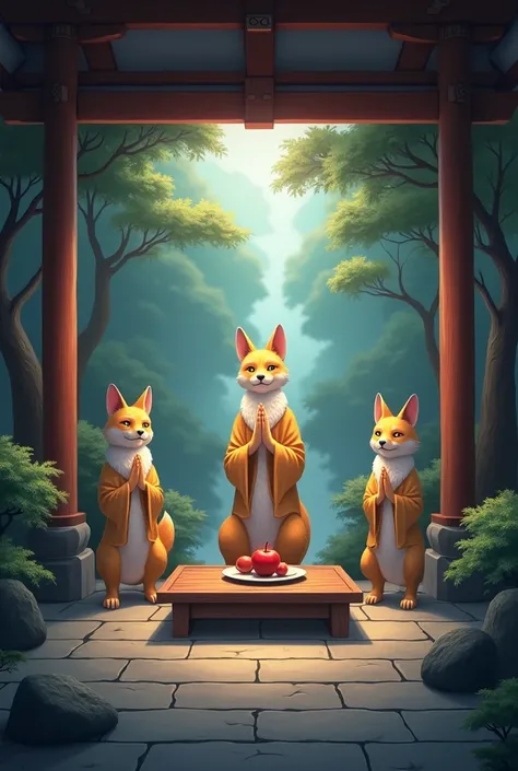 일본 신사 안,  several fox Buddha statues ,  small table in front of Buddha statues ,  small plate and small apple on the table,  no people,  strange atmosphere inside a Japanese shrine 