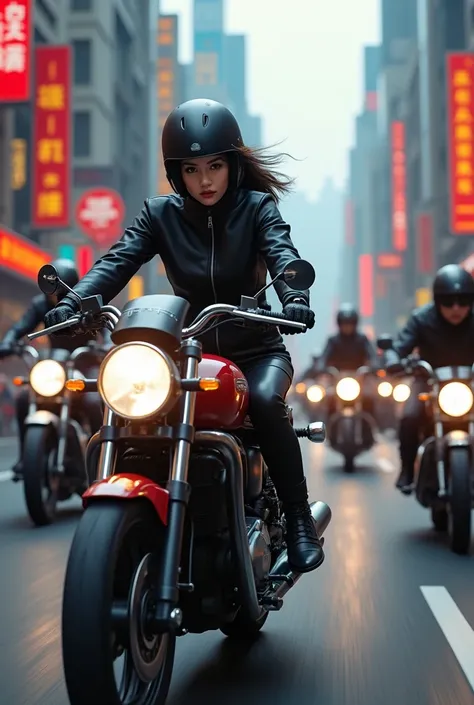 A female Chinese agent riding a motorbike behind her was chased by 8 gangsters riding motorbikes