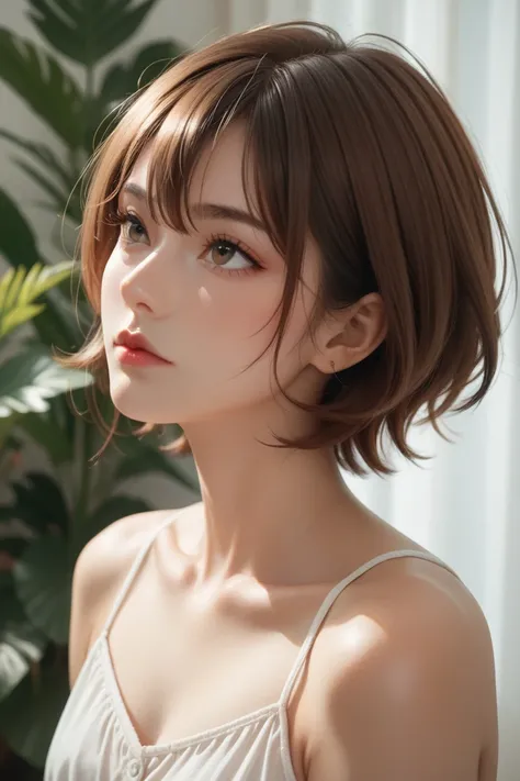 Short hair, Curl inside hair, Crossed bangs, Brown Hair, face up resort