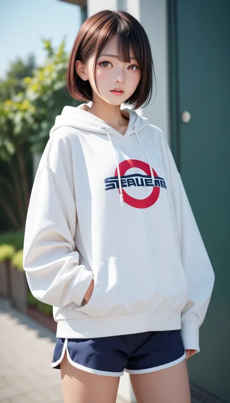 Very young　 elementary school students　 sexy shorts　baggy white hoodie　 my face is turning red and Im embarrassed　Pretty short hair 　 Japanese Beautiful Girls　