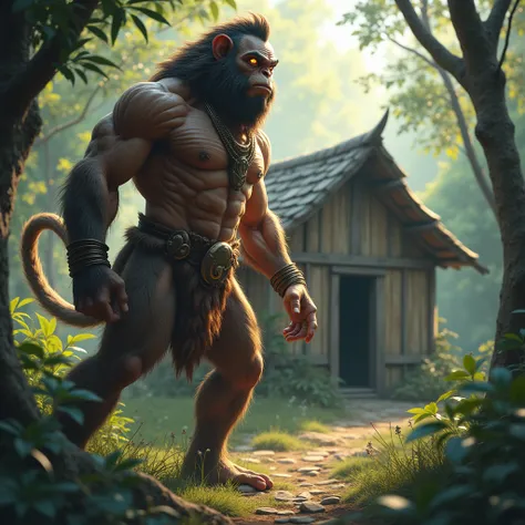 Indian Lord king Hanuman, with a determined expression, discovering the empty hut and realizing the abduction of Rama and Lakshmana. Realistic character 4k 
