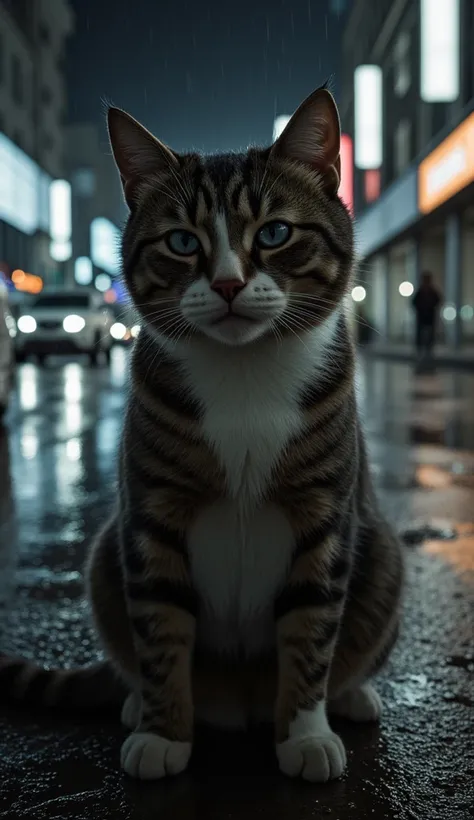 A realistic, full-grown cat sitting on a rainy urban street. The cat’s fur is soaked from the heavy rain, clinging to its body, and its expression is deeply sorrowful. Large, expressive eyes are filled with visible tears streaming down its wet face, blendi...