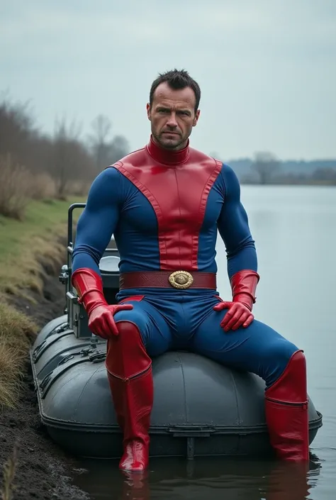 président Emmanuel macron dressed as a Bioman ,  the actor Jean Claude Van Damne, dressed as a Bioman ,  sitting on a water tank 