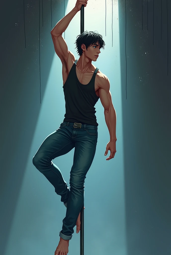 Je veux une illustration fantastique qui représente un homme plutôt musclé, young, Asian Korean origin with blue eyes ,  with medium long hair on the top and short on the side of the color black,  this man is in jeans , And tank top , il tien en equilibre ...