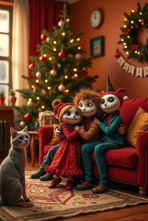 In a cozy living room decorated with warm colors like reds and golds, theres a Christmas scene. The room is adorned with festive lights and a beautifully decorated tree. A group of paper mache characters, designed in the whimsical style of Tim Burton, are ...