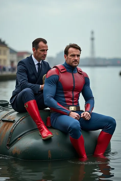 président Emmanuel macron dressed as a Bioman , and the actor Jean Claude Van Damne , dressed as a Bioman ,  sitting on a water tank 