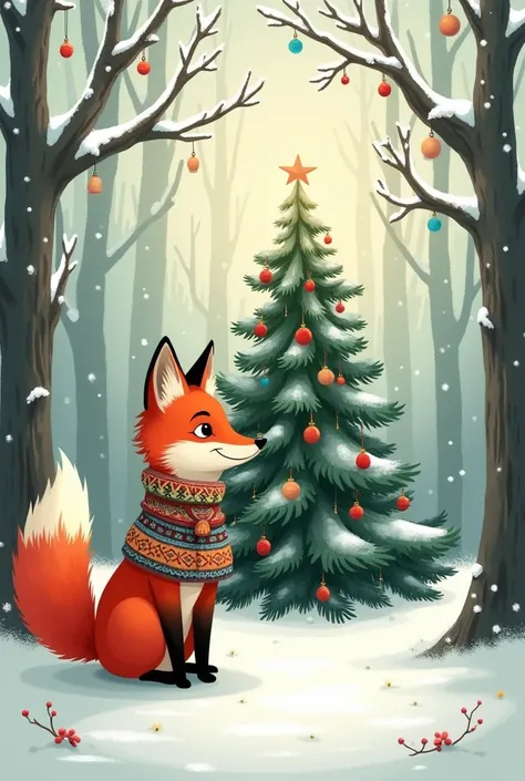 pinkretrochristmaswatercolor, 

A fox wrapped in a knitted scarf, standing beside a Christmas tree in the middle of a snowy forest.