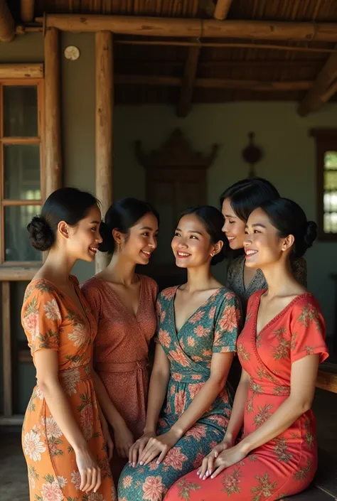 Seven beautiful Indonesian women smiling hair bun wearing traditional kebaya in a bamboo house with ancient furniture 