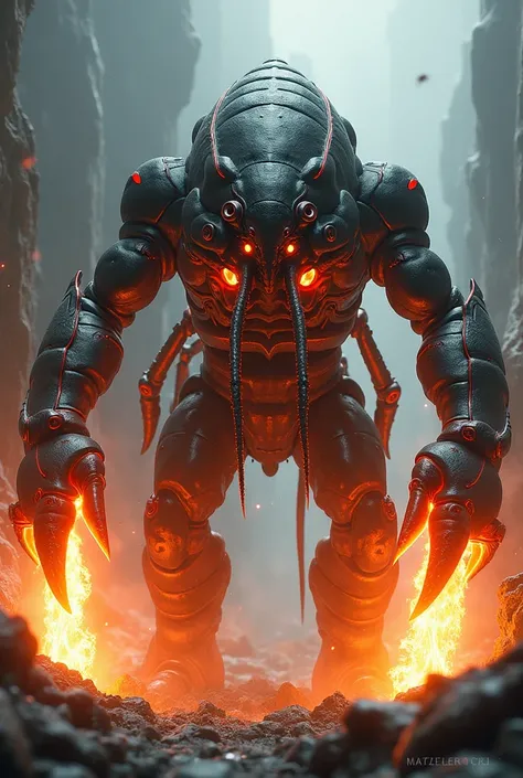 Organic Humanoid Lobster with its Arms being blasters that shoots magma,having a carapace made of shining obsidians 