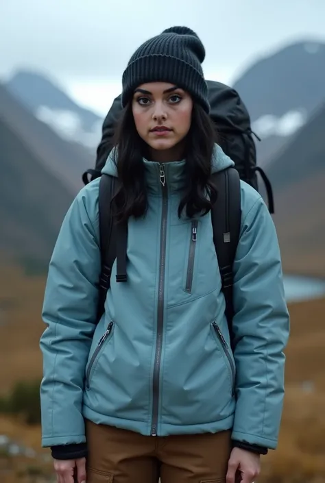   Real human photo, Fika is a 25 years old  woman, medium and tall body, with shoulder length  wavy  black hair and fair skin. She has well-defined eyebrows, large black eyes,  . Wearing closed plain zipped up light blue jacket, brown cargo pant, black bea...