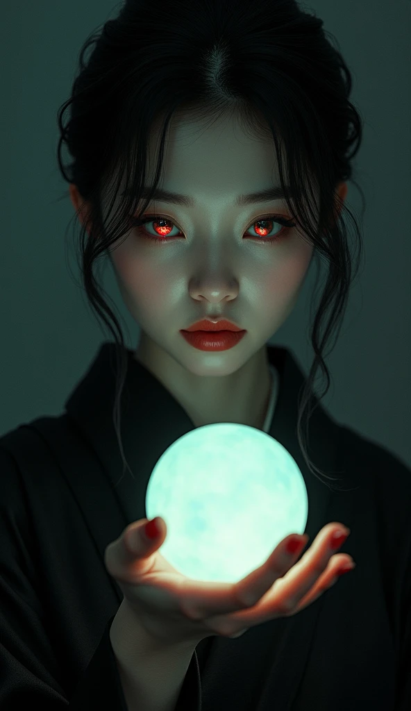  beautiful detailed eyes,  Beautiful Detailed Lips,  highly detailed eyes and face, A woman holds an eerie sphere floating in her hand, Glowing Eyes、 Edo period、 Japanese beauty,  Black Kimono,  detailed facial features , Dramatic lighting,  cinematic , Su...