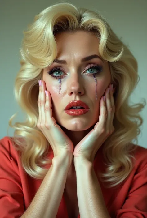 portrait of a woman with a face like Dolly Parton, holding her face with both hands and crying loudly, real life, real color, photo from the 1960s
