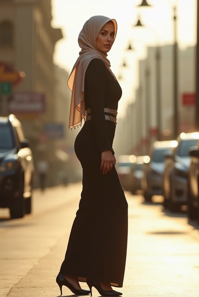 Foto mit mature Hijab mit High Heels, Waist chain,  schmale Size, tight maxi skirt , Looking back, the image, sunny day,  on the street, Light, 