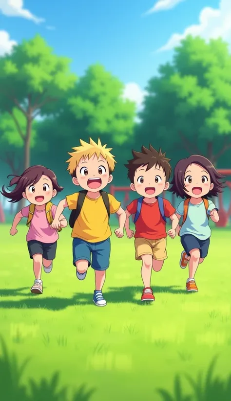 A lively and heartwarming scene of five ren running across a wide, green field in a sunny park. The ren are diverse, with a mix of boys and girls of varying appearances, each dressed in colorful, casual clothing that reflects their individuality. They are ...