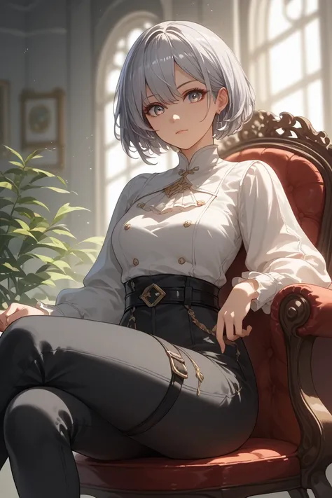  Silver Hair、 short hair、 adult woman、cool white clothes 、 black pants、 black belt with rapier、 near future fantasy、 top quality 、masterpiece、 High Definition 、 detailed eyes、 detailed face 、Straight face、 sitting on a chair and crossing legs 、