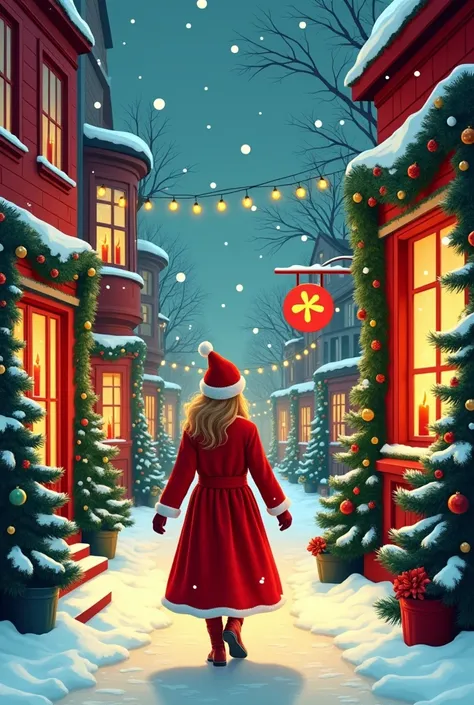 a vibrant and colorful scene unfolds before your eyes as you walk down the street, dressed in a festive Christmas style. The colors are bold and lively, with snowflakes falling gently from the sky and candles hanging on the windowsill. The scene is set aga...