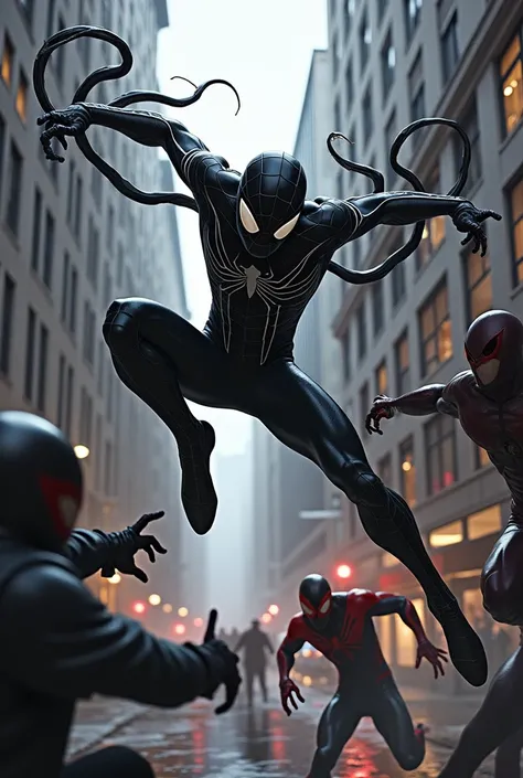 Spider man qui utilise son costume de symbiote pour combattre les vilains 