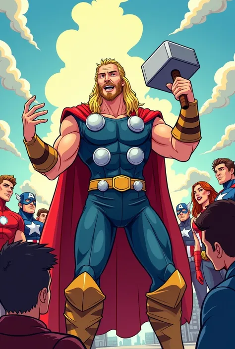 Thor talking to the avengers in cartoom