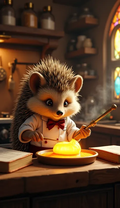 Hugo the Hedgehog, a meticulous and inventive dessert chef, is caramelizing a magical crème brûlée with a tiny enchanted torch. His spiky fur is neatly combed, and he wears a small bowtie with his chef’s uniform. The kitchen is filled with whimsical detail...