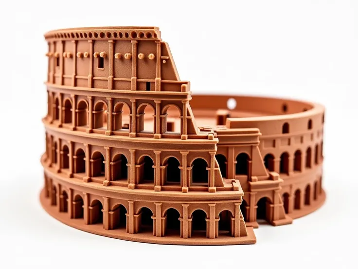 Ancient Roman Colosseum, terracotta model, architectural miniature, detailed sculpture, historical landmark, amphitheater replica, rustic orange color, 3D render, circular design, arched windows, precise craftsmanship, isolated on white background, museum ...