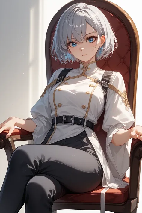  Silver Hair、 short hair、 adult woman、cool white clothes 、 black pants、 black belt with rapier、Near future、 top quality 、masterpiece、 High Definition 、 detailed eyes、 detailed face 、Straight face、 sitting on a chair and crossing legs 、 blue eyes、