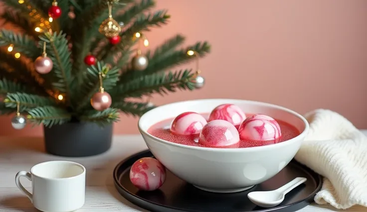  High Quality Photography .minimalist style. Christmas Tree Decorated With Elegant Gold Silver Lamp ，Small decoration of wintergreen leaves small red fruits . Simple and cute and warm winter on wooden table，Corner .Large bowl :6.Several round pink white ma...