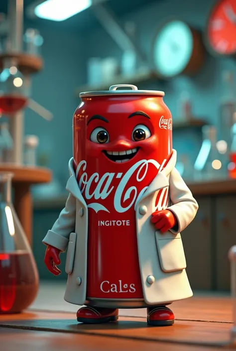 Fait moi un personnage en forme de canette de coca cola  dans style pixar avec une blouse scientifique 