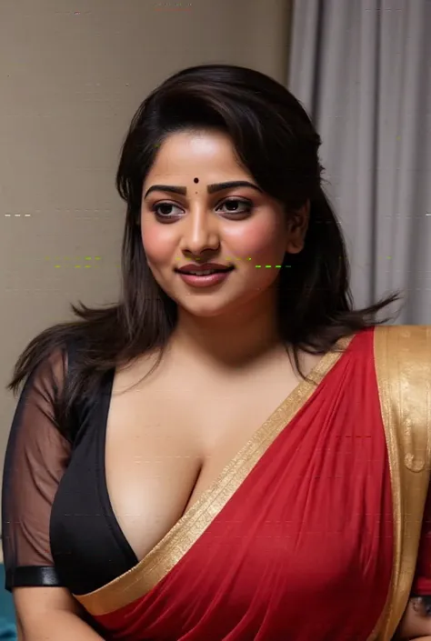 photo of Voluptuous Indian medium plus size hot bhabhi  with dusky skin, wearing transparent Red Saree and black blouse, She is unhooking her blouse showing her U cut Cleavage and deep busty breasts, lifts her saree and shows her legs till thighs,  Hair Ti...