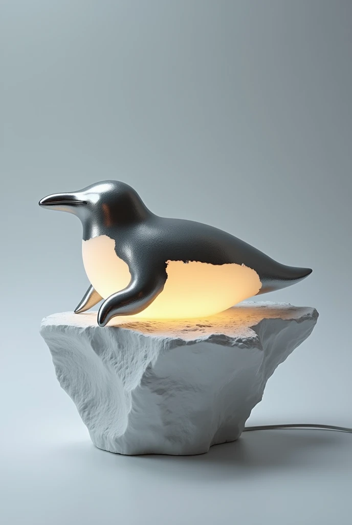 Create a lamp sculpture in the shape of an aluminum penguin riding on its stomach on an ice floe 