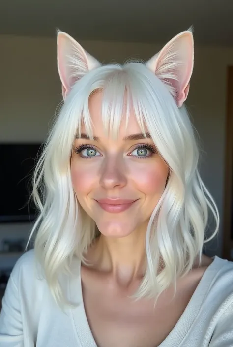 (Masterpiece: 1.2, highest quality), (real photo, intricate details), 1 Lady, Solo, Upper body, Casual, shoulder length hair, Minimal makeup, Natural fabric, Face close-up, Smile, Home, white hair, blue eyes, cat ears,