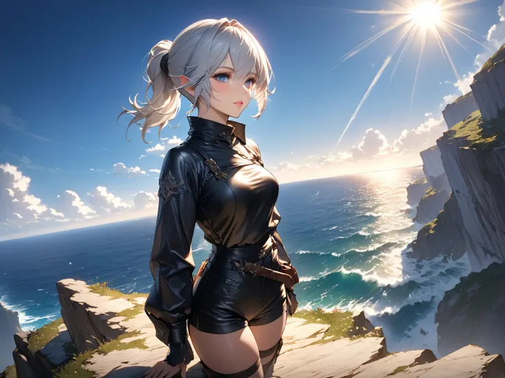 oil、 1 elf woman、Age 30、solo、Short Ponytail with Silver Hair 、 Black Leather Fishermans Outfit、 On a Cliff by the Rough Sea 、 spectacular views、Strong sunlight、Fantastic Depiction of Light 、masterpiece、 very detailed、 High Quality 、FINAL FANTASY XIV、Elazen...