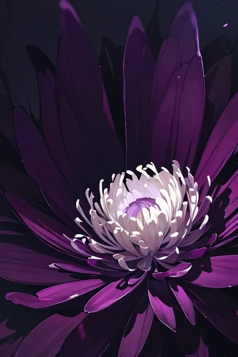 a dark chrysanthemum flower,detailed petals,intricate center,moody lighting,dramatic shadows,mysterious atmosphere,gothic,cinematic,dark fantasy,chiaroscuro,muted color palette,deep purples and blacks