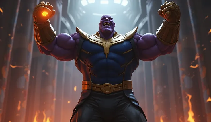 "Create a hyper-realistic, cinematic scene with Thanos laughing maniacally in a dramatic pose. He stands tall, his massive form towering over the scene, with his arms raised triumphantly above his head. His face is twisted into a wicked grin, his eyes glow...