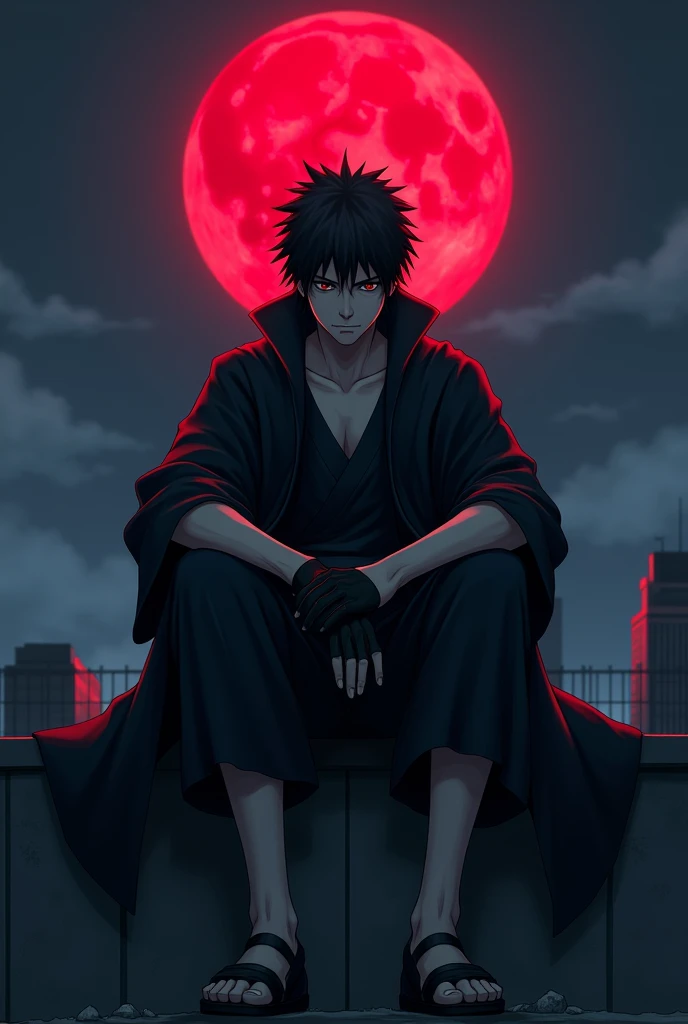 sasuke_uchiha,midnight,red moon,sitting on rooftop,arrogant,naruto_shippuden,From Below, Wide Shot, uchiha full body outfit,black gloves,super detailed,Anatomically Correct, Award Winning, Accurate, 