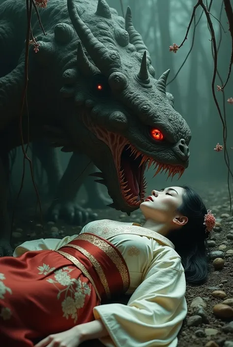 Picture me a beautiful Japanese woman in a fainting position being eaten by a beast with creepy teeth