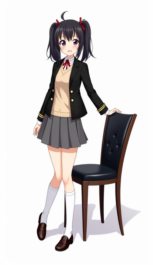  Animated teenage girl with medium long straight black hair and two high pigtails and while the rest of the hair in the back is loose and with purple eyes and wears a black blazer with gold buttons, a sleeveless beige sweater , a white shirt,  a red ribbon...