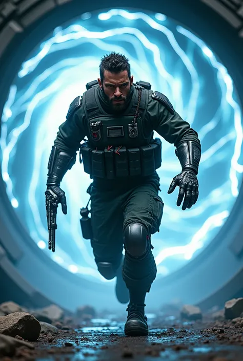  A man dashing out of a hole of dimension , wearing a combat uniform ,  his right hand is made of a machine ,  background around a dimensional hole wearing a blue lightning effect, realistic hd, 