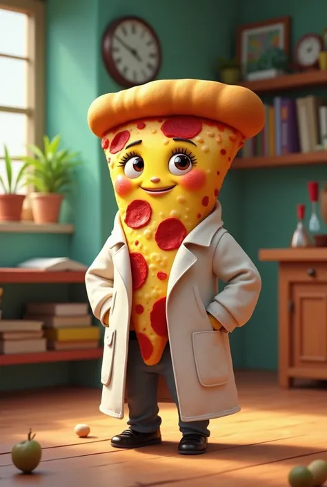 Fait moi un personnage en forme de grosse part de pizza dans le style pixar avec une blouse de scientifique 