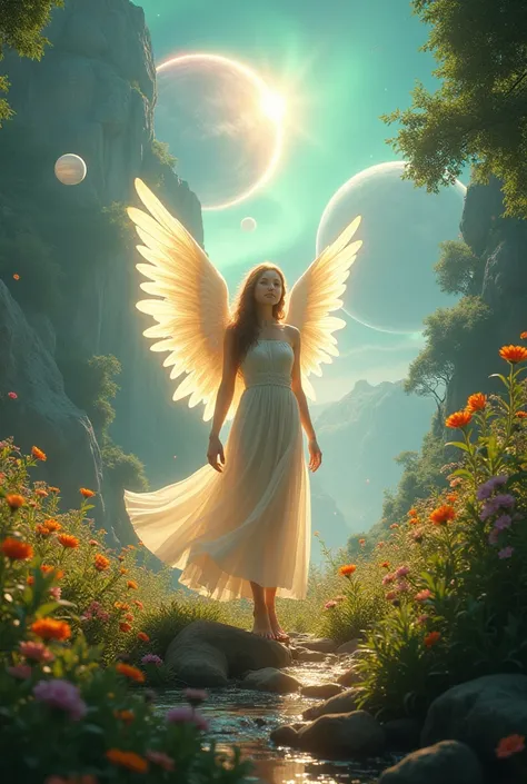 Photorealism:1.2), a beautiful  girl with an angelic, serene expression, standing gracefully in the Garden of Eden. She is surrounded by lush, vibrant vegetation, with blooming flowers in every color imaginable, glowing faintly as if infused with divine li...