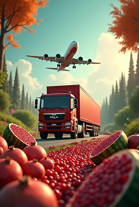 An image of a cargo truck and a cargo plane ship with pomegranates and watermelons in the image and the theme colors are red and green and the symbol of Yalda