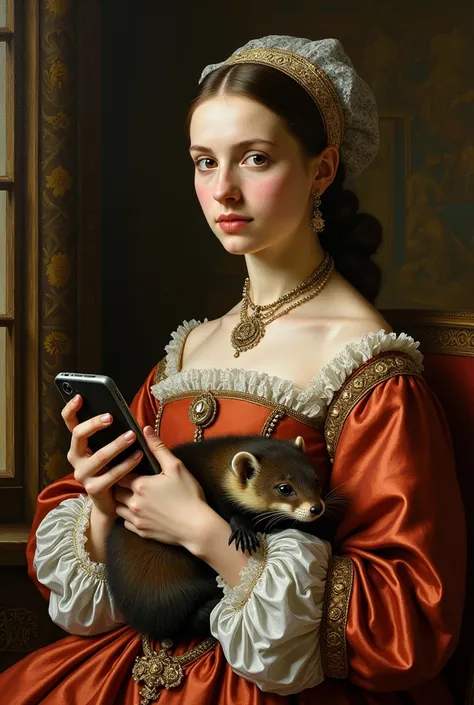 Leonardo da Vinci painting Lady with weasel and smartphone