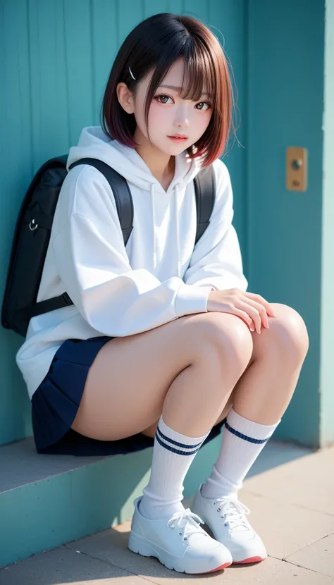 Very young　 elementary school students　Knee socks　baggy white hoodie　A miniskirt thats too short to hide behind a hoodie　 my face is turning red and Im embarrassed　Pretty short hair 　 Japanese Beautiful Girls　 backpack　