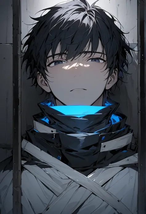 (Masterpiece, high resolution, best quality), solo, 1 male, 20-years old man, handsome, short black hair, black eyes with glow blue, white straight jacket, upper body, looking at viewer, solitary confinement in a mental hospital, Masculine face, handsome f...