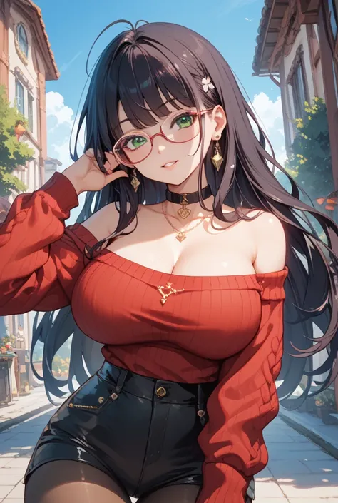  girl ,  Black Long Hair, glasses,  green eyes ,  big breasts big booty, red sweater and очень короткие шорты, waist-length tights,  стоит спиной ко мне, видно ее спину